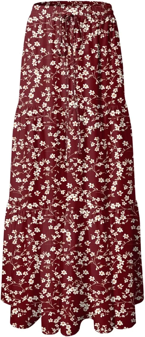 Floral Maxi Skirt for Women Summer 2025 Trendy Boho Elastic High Waisted A-Line Flowy Long Tiered Maxi Skirts