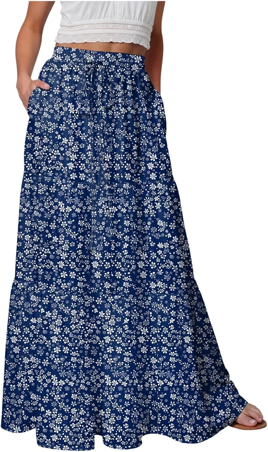 Floral Maxi Skirt for Women Summer 2025 Trendy Boho Elastic High Waisted A-Line Flowy Long Tiered Maxi Skirts