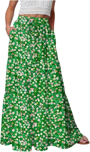 Floral Maxi Skirt for Women Summer 2025 Trendy Boho Elastic High Waisted A-Line Flowy Long Tiered Maxi Skirts