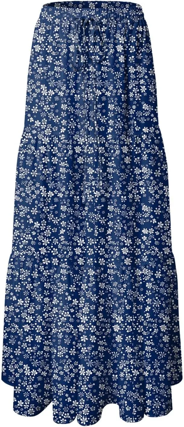 Floral Maxi Skirt for Women Summer 2025 Trendy Boho Elastic High Waisted A-Line Flowy Long Tiered Maxi Skirts