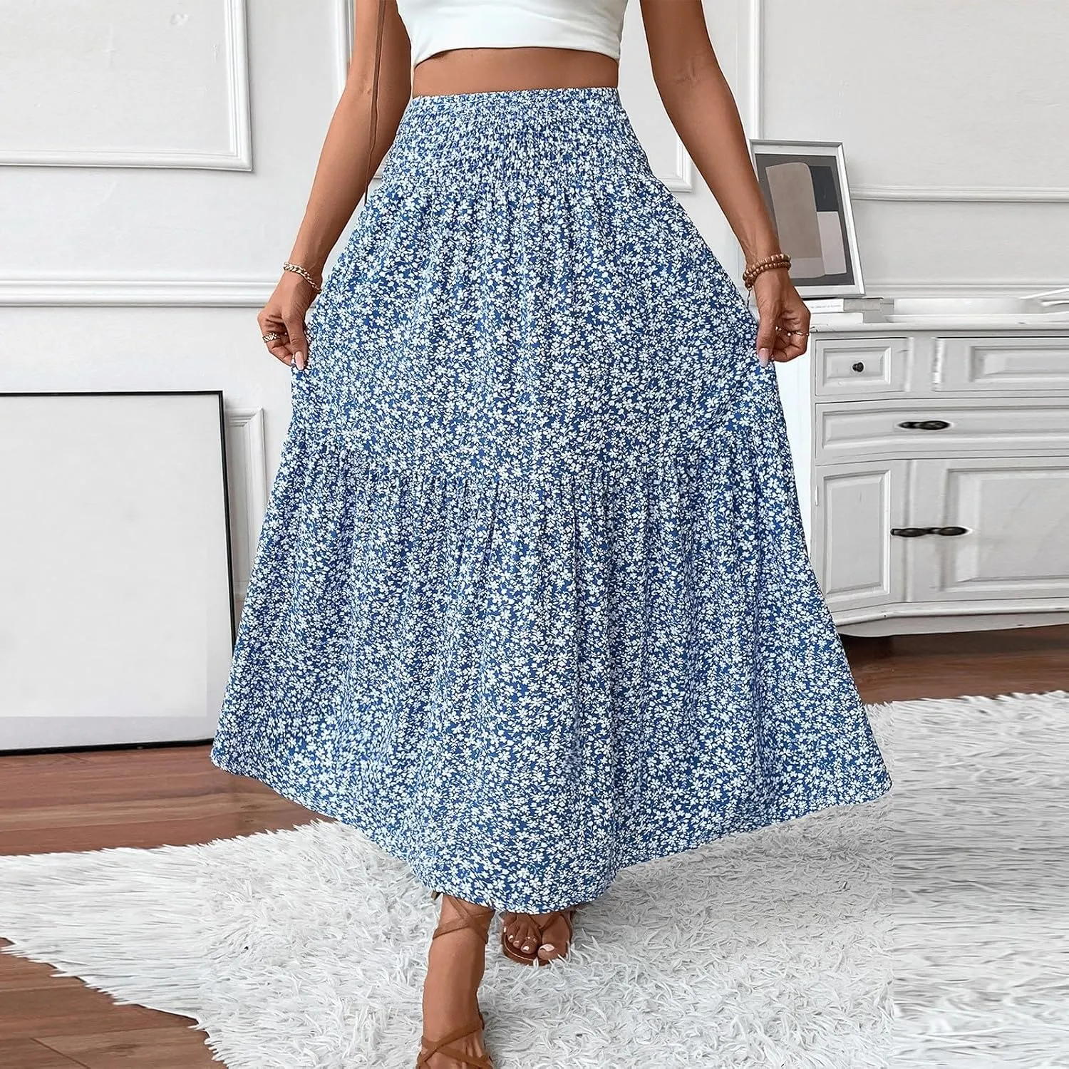 Floral Maxi Skirts for Women 2025 Flowy Casual High Waisted Summer Boho Skirts Lightweight Ruffle Pleated Long Skirt