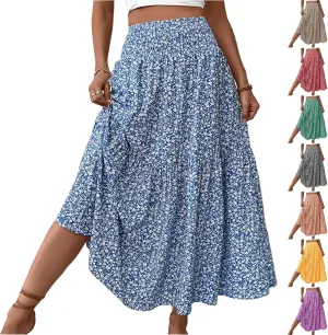 Floral Maxi Skirts for Women 2025 Flowy Casual High Waisted Summer Boho Skirts Lightweight Ruffle Pleated Long Skirt