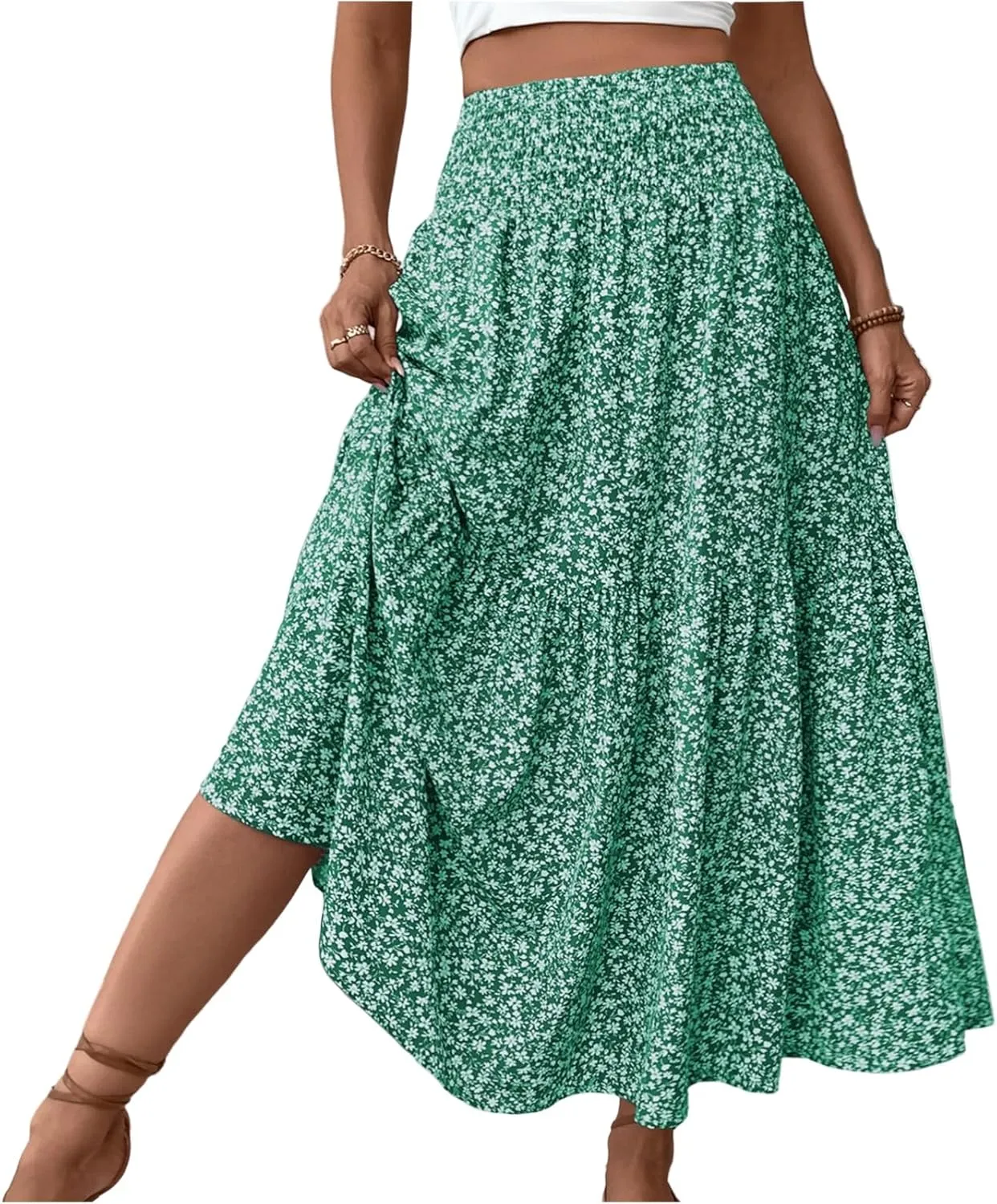 Floral Maxi Skirts for Women 2025 Flowy Casual High Waisted Summer Boho Skirts Lightweight Ruffle Pleated Long Skirt