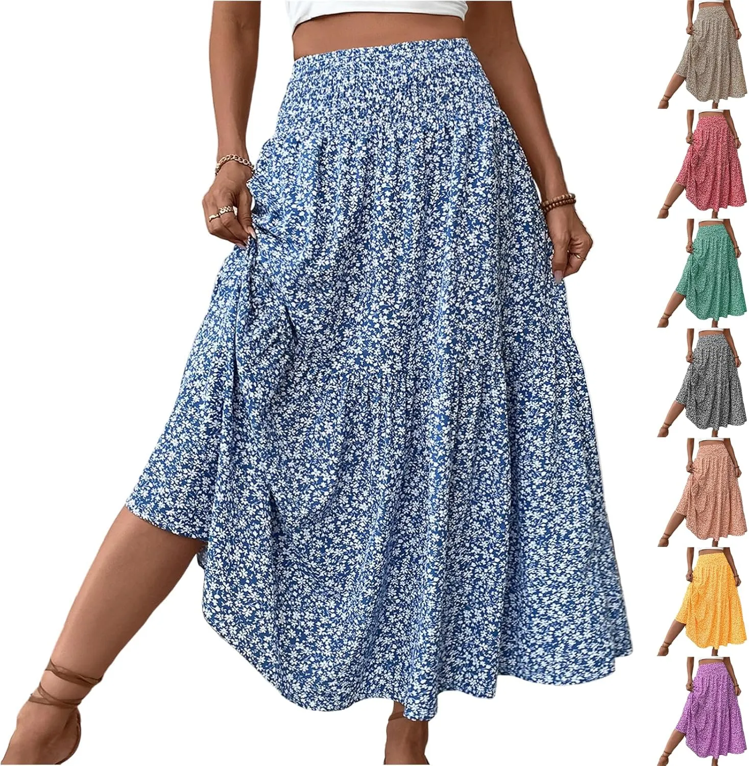 Floral Maxi Skirts for Women 2025 Flowy Casual High Waisted Summer Boho Skirts Lightweight Ruffle Pleated Long Skirt