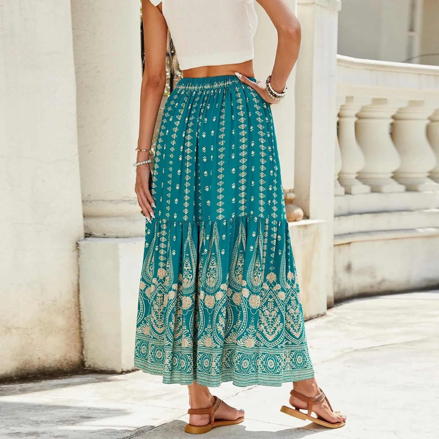 Floral Skirt,Easter Wrap Drawstring Tiered Flowy Maxi Skirts for Women 2025 Trendy Long Boho Skirt Spring Summer