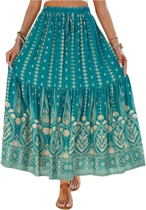 Floral Skirt,Easter Wrap Drawstring Tiered Flowy Maxi Skirts for Women 2025 Trendy Long Boho Skirt Spring Summer