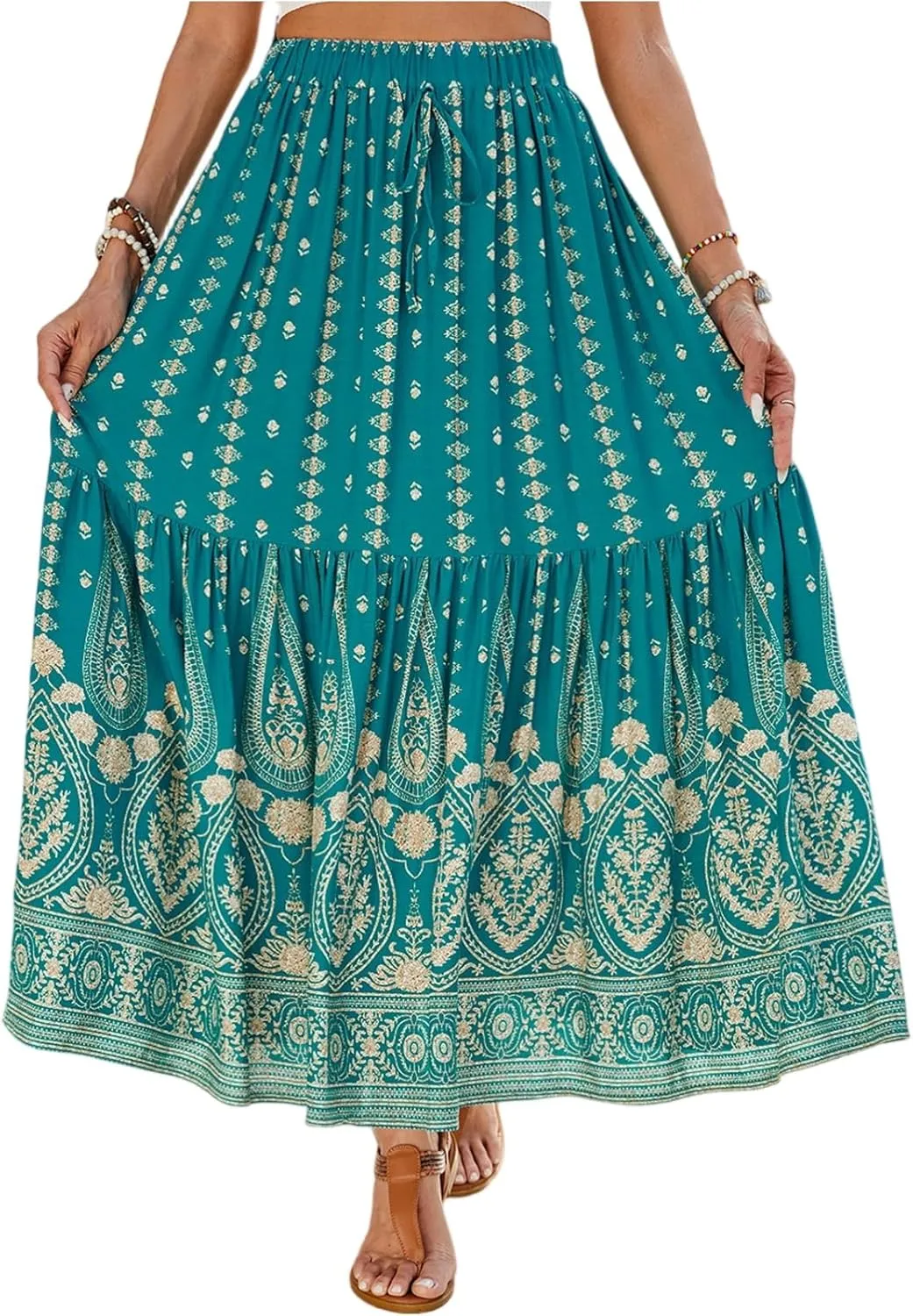 Floral Skirt,Easter Wrap Drawstring Tiered Flowy Maxi Skirts for Women 2025 Trendy Long Boho Skirt Spring Summer