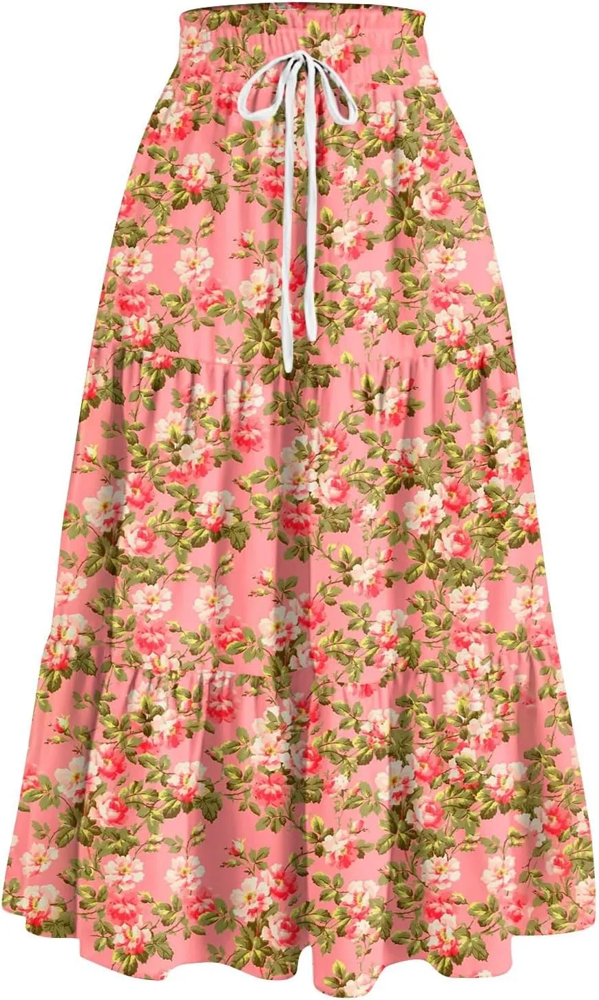 Floral Skirts for Women 2025 Summer High Waist Tiered Pleated Flowy Tiered A-Line Boho Long Maxi Skirts