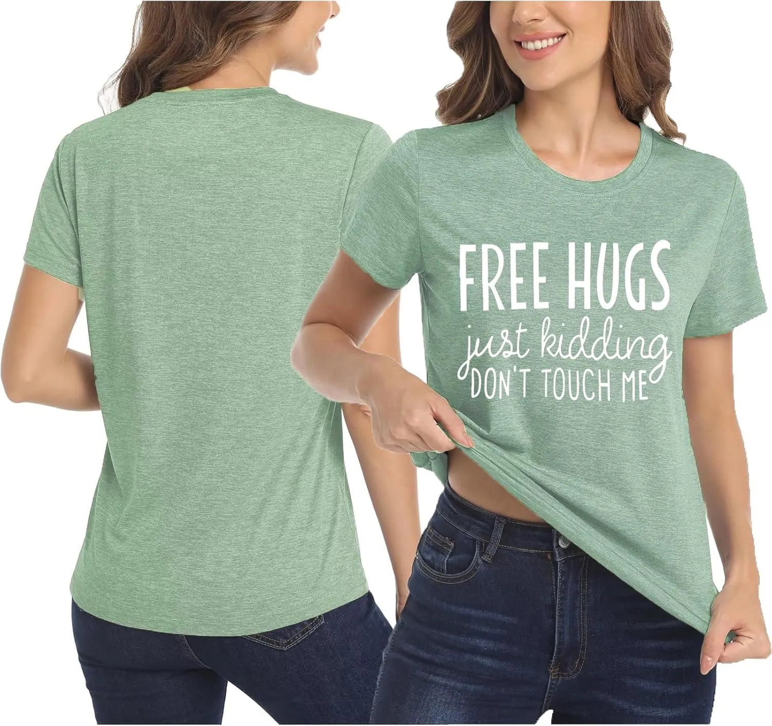 Free Hugs Just Kidding Don't Touch Me Letter Print T Shirts for Womens Funny Saying Graphic Tees Summer Short Sleeve Tops