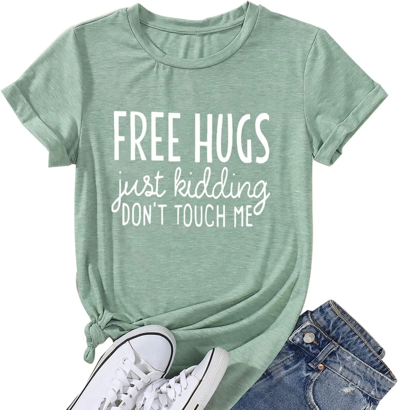 Free Hugs Just Kidding Don't Touch Me Letter Print T Shirts for Womens Funny Saying Graphic Tees Summer Short Sleeve Tops