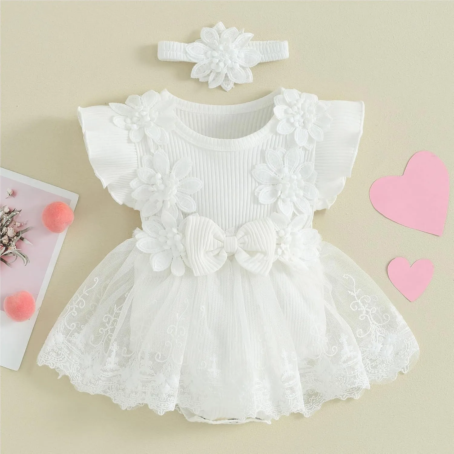 FYMNSI Infant Newborn Girl Clothes Ribbed Lace Ruffle Floral Romper Dress   Headband First Birthday Outfit Girls Summer Dress