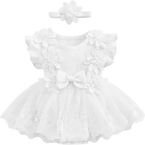 FYMNSI Infant Newborn Girl Clothes Ribbed Lace Ruffle Floral Romper Dress   Headband First Birthday Outfit Girls Summer Dress