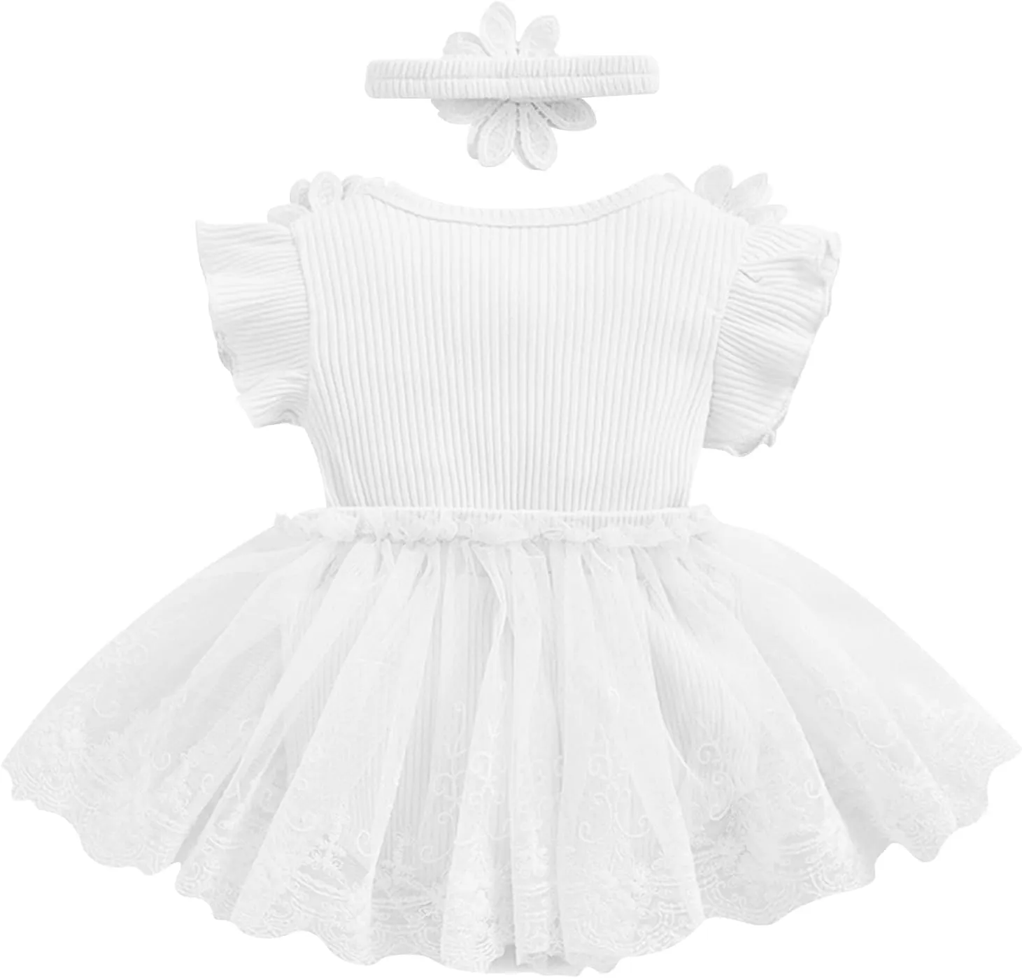 FYMNSI Infant Newborn Girl Clothes Ribbed Lace Ruffle Floral Romper Dress   Headband First Birthday Outfit Girls Summer Dress