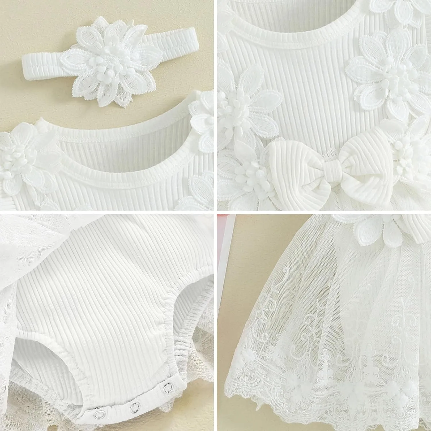 FYMNSI Infant Newborn Girl Clothes Ribbed Lace Ruffle Floral Romper Dress   Headband First Birthday Outfit Girls Summer Dress