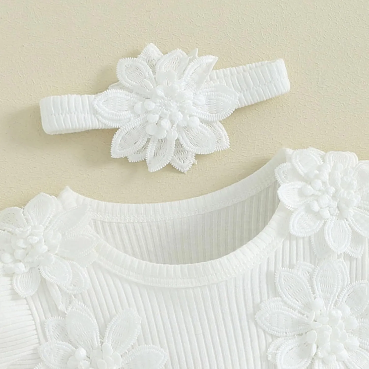 FYMNSI Infant Newborn Girl Clothes Ribbed Lace Ruffle Floral Romper Dress   Headband First Birthday Outfit Girls Summer Dress