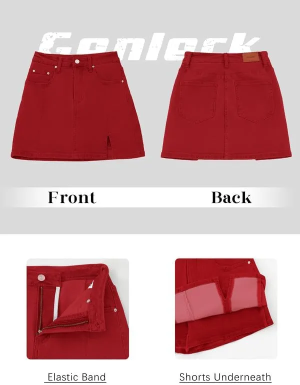 Genleck Stretch Jean Skirts for Women - Denim Skorts High Waisted Girls Teens Dressy Mini Jean Skirts with Shorts Underneath
