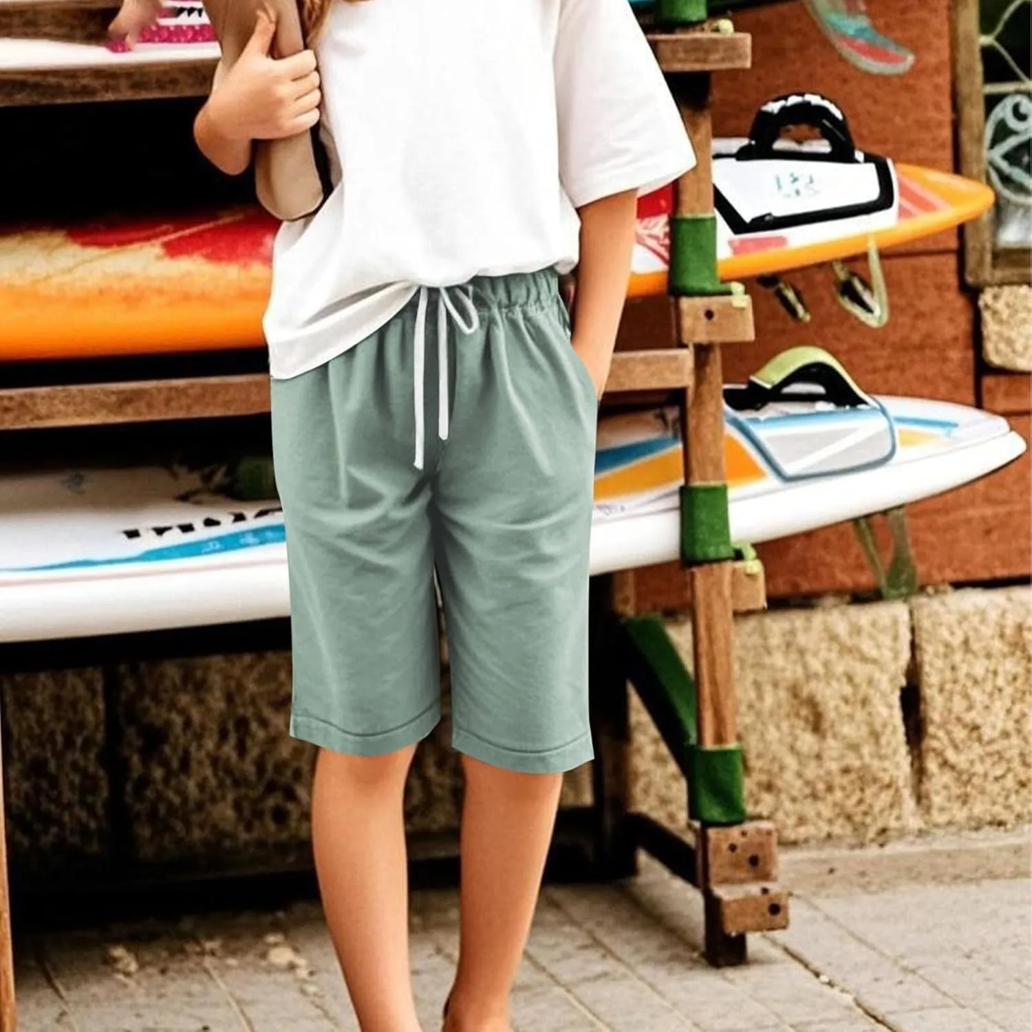 Girls Casual Bermuda Shorts Kids Knee Length High Waisted Summer Shorts Linen Comfy Drawstring Short Pants with