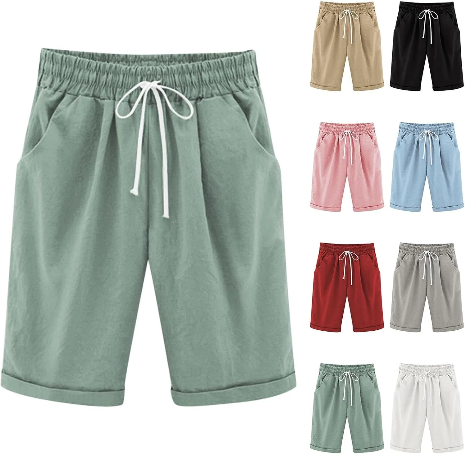 Girls Casual Bermuda Shorts Kids Knee Length High Waisted Summer Shorts Linen Comfy Drawstring Short Pants with