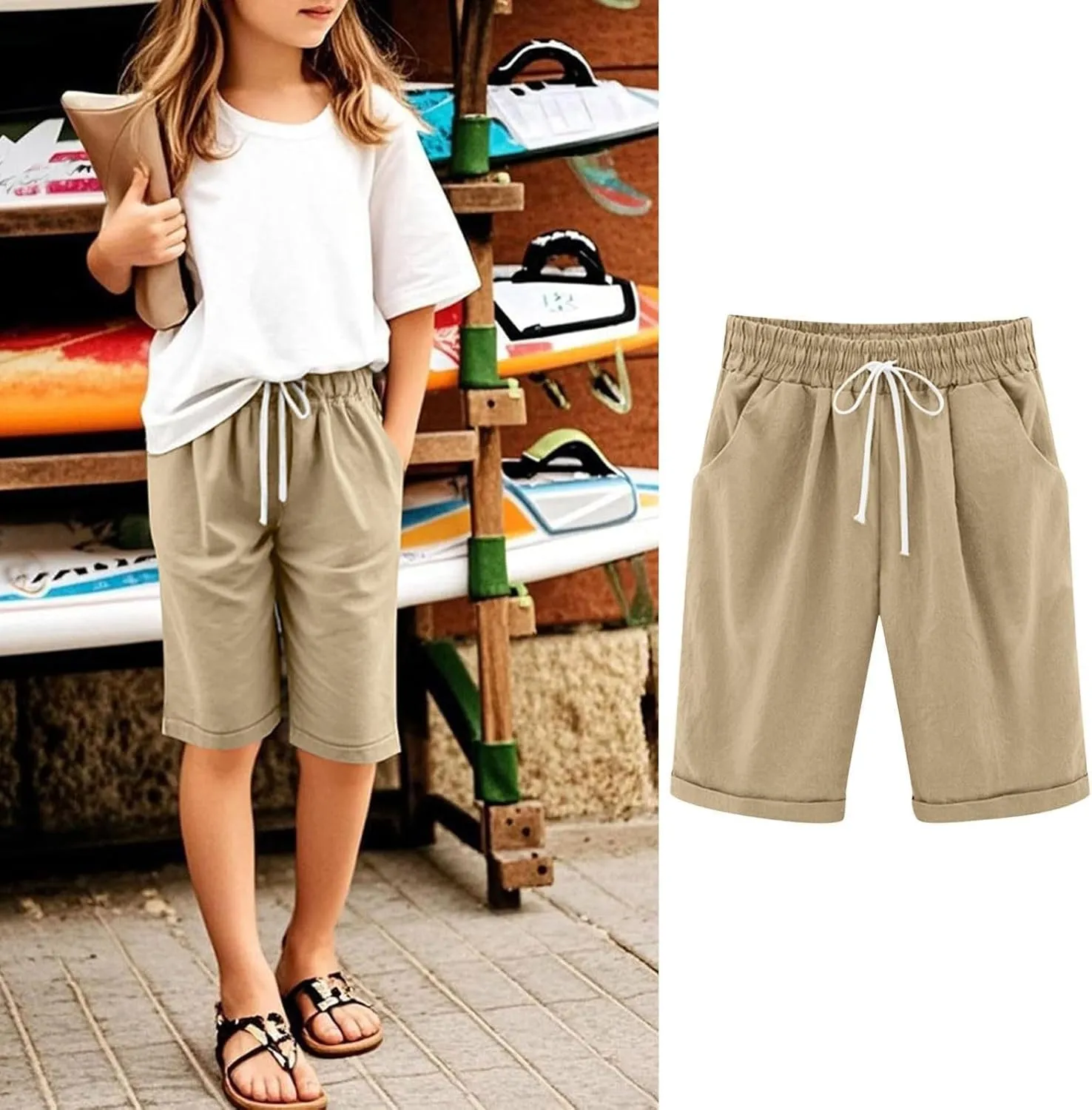 Girls Casual Bermuda Shorts Kids Knee Length High Waisted Summer Shorts Linen Comfy Drawstring Short Pants with
