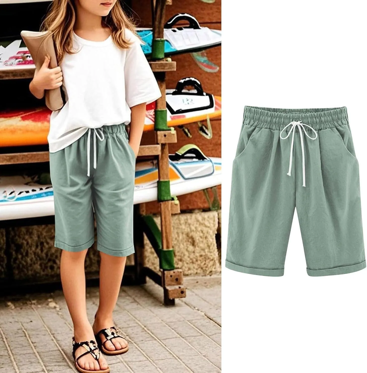 Girls Casual Bermuda Shorts Kids Knee Length High Waisted Summer Shorts Linen Comfy Drawstring Short Pants with