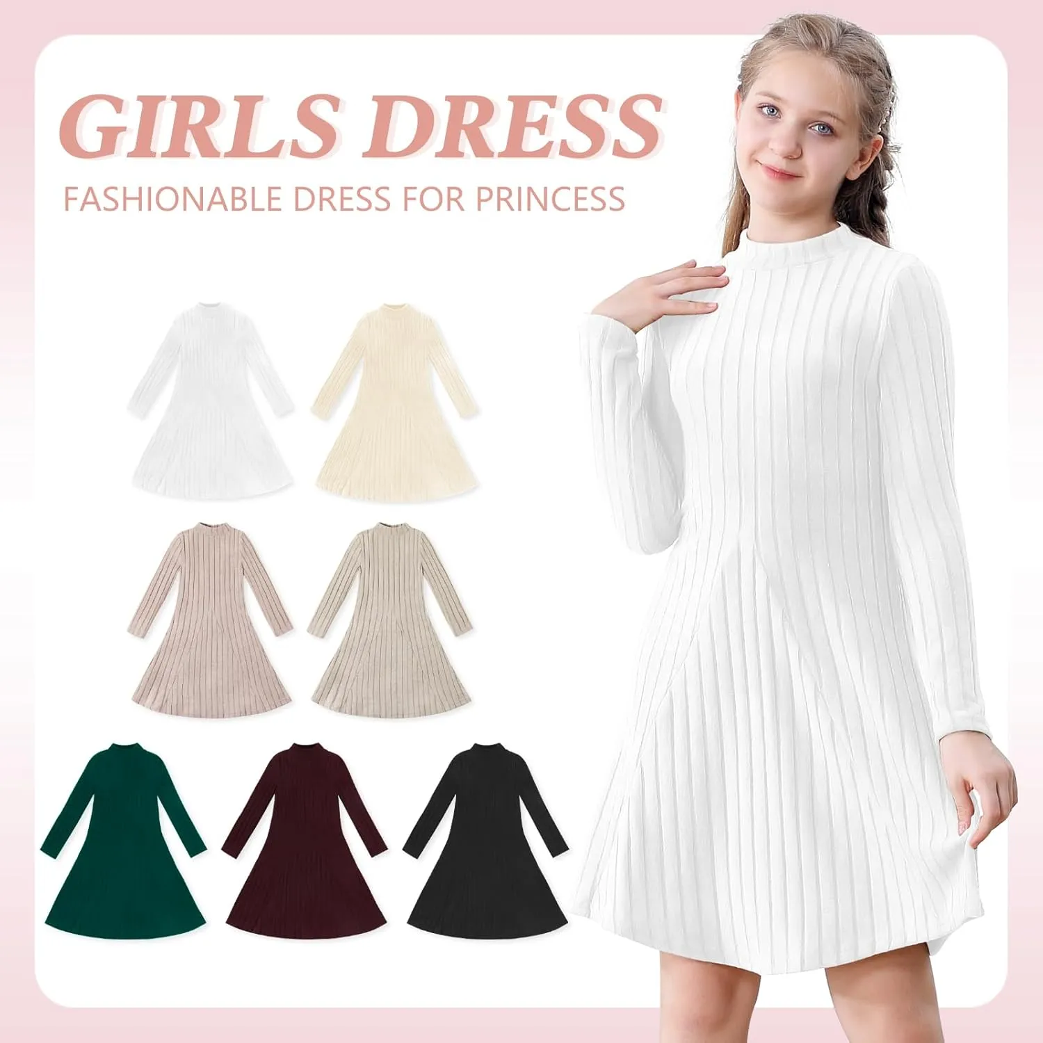 Girls Sweater Dresses Ribbed Mock Neck Long Sleeve Dresses for Girls Knit Causal Little Girl Fall Winter