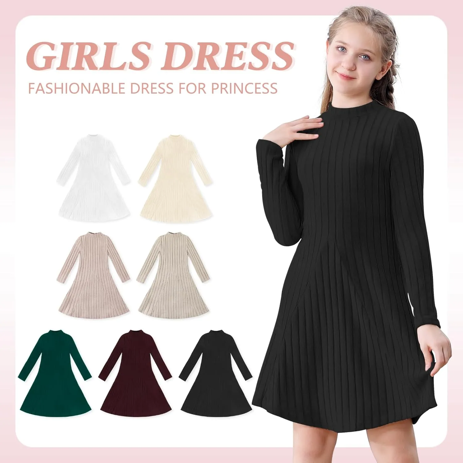 Girls Sweater Dresses Ribbed Mock Neck Long Sleeve Dresses for Girls Knit Causal Little Girl Fall Winter
