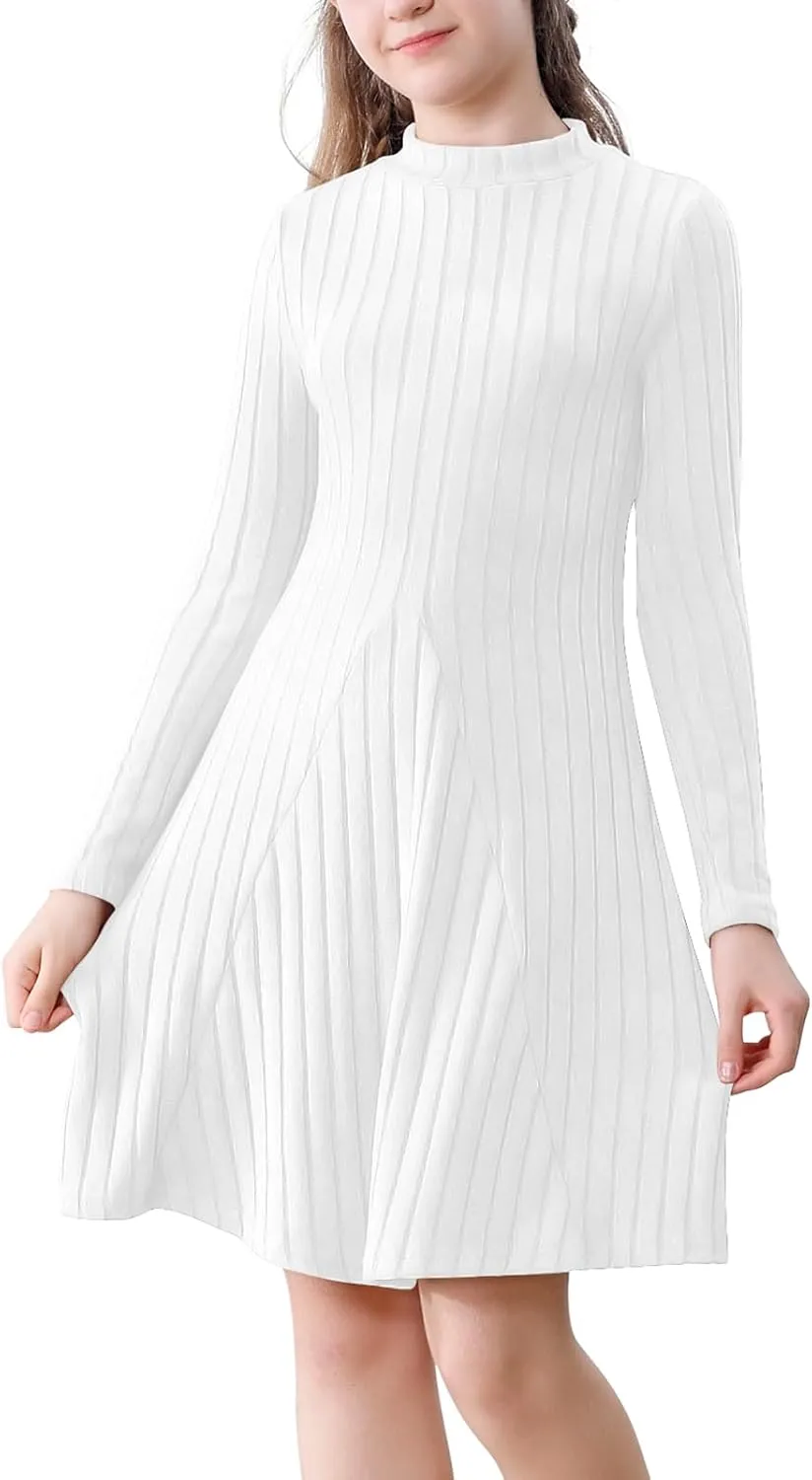 Girls Sweater Dresses Ribbed Mock Neck Long Sleeve Dresses for Girls Knit Causal Little Girl Fall Winter