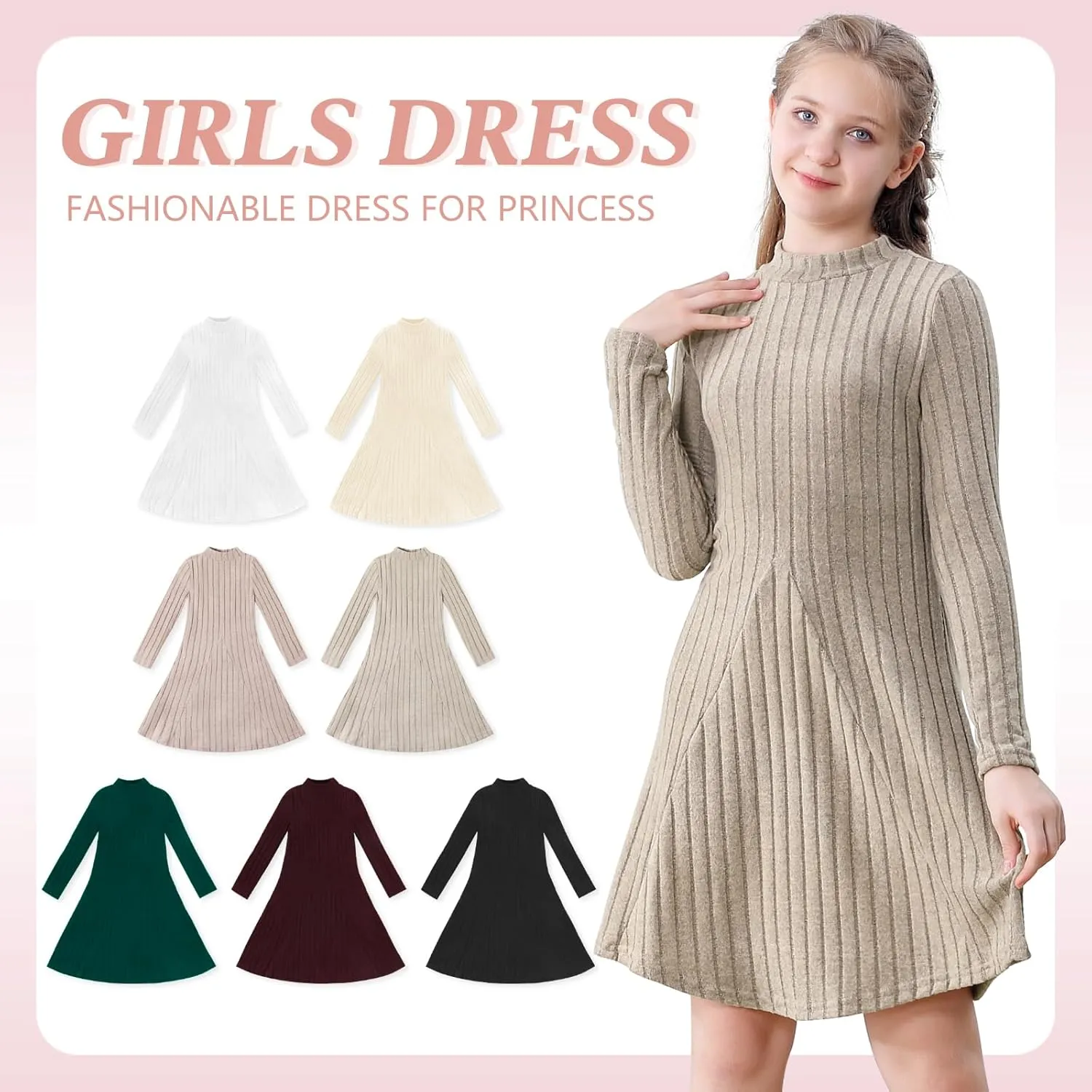 Girls Sweater Dresses Ribbed Mock Neck Long Sleeve Dresses for Girls Knit Causal Little Girl Fall Winter