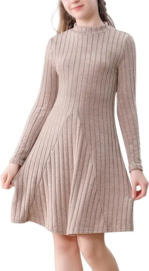 Girls Sweater Dresses Ribbed Mock Neck Long Sleeve Dresses for Girls Knit Causal Little Girl Fall Winter