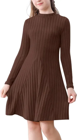 Girls Sweater Dresses Ribbed Mock Neck Long Sleeve Dresses for Girls Knit Causal Little Girl Fall Winter