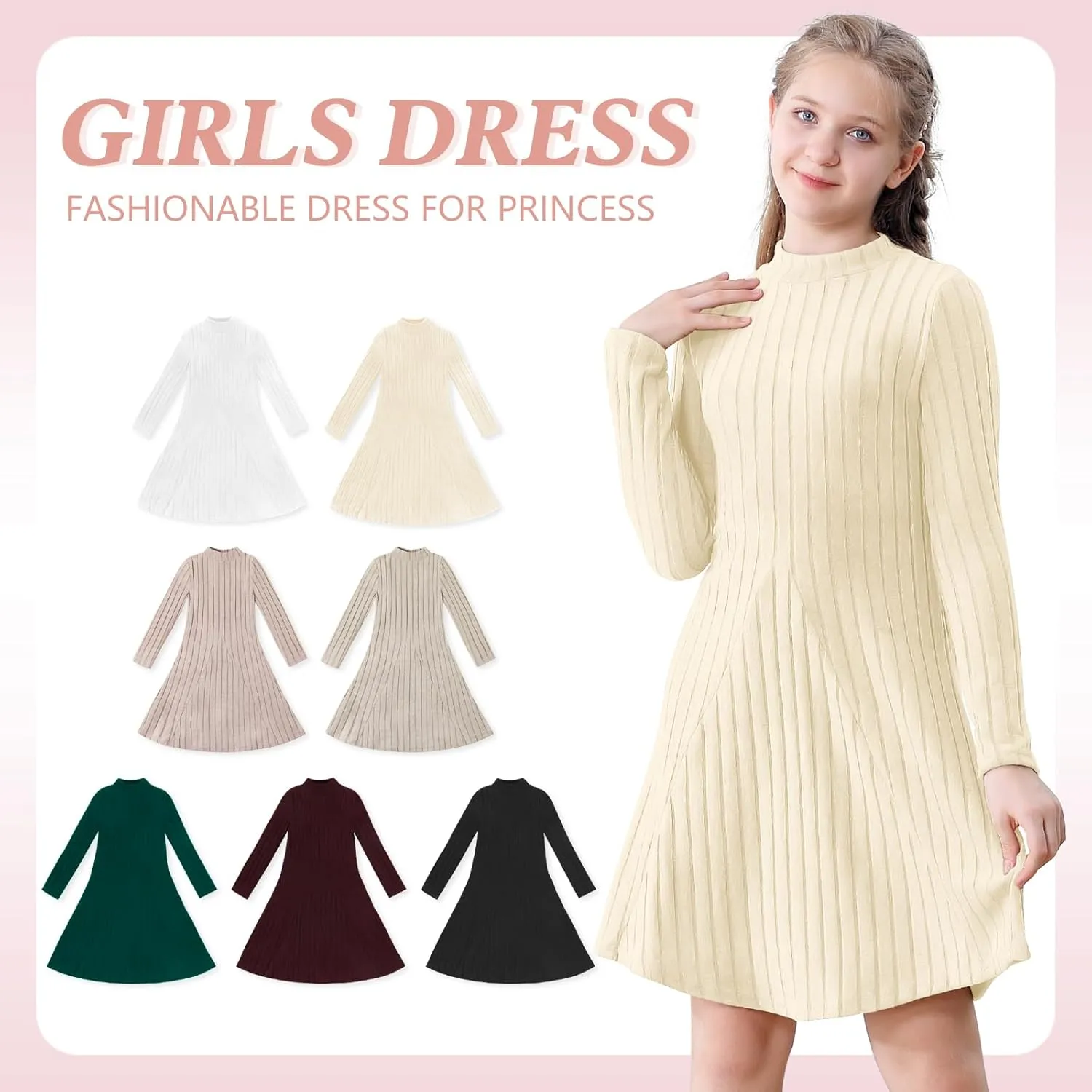 Girls Sweater Dresses Ribbed Mock Neck Long Sleeve Dresses for Girls Knit Causal Little Girl Fall Winter