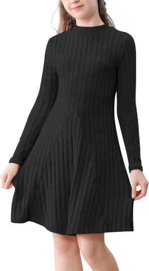 Girls Sweater Dresses Ribbed Mock Neck Long Sleeve Dresses for Girls Knit Causal Little Girl Fall Winter