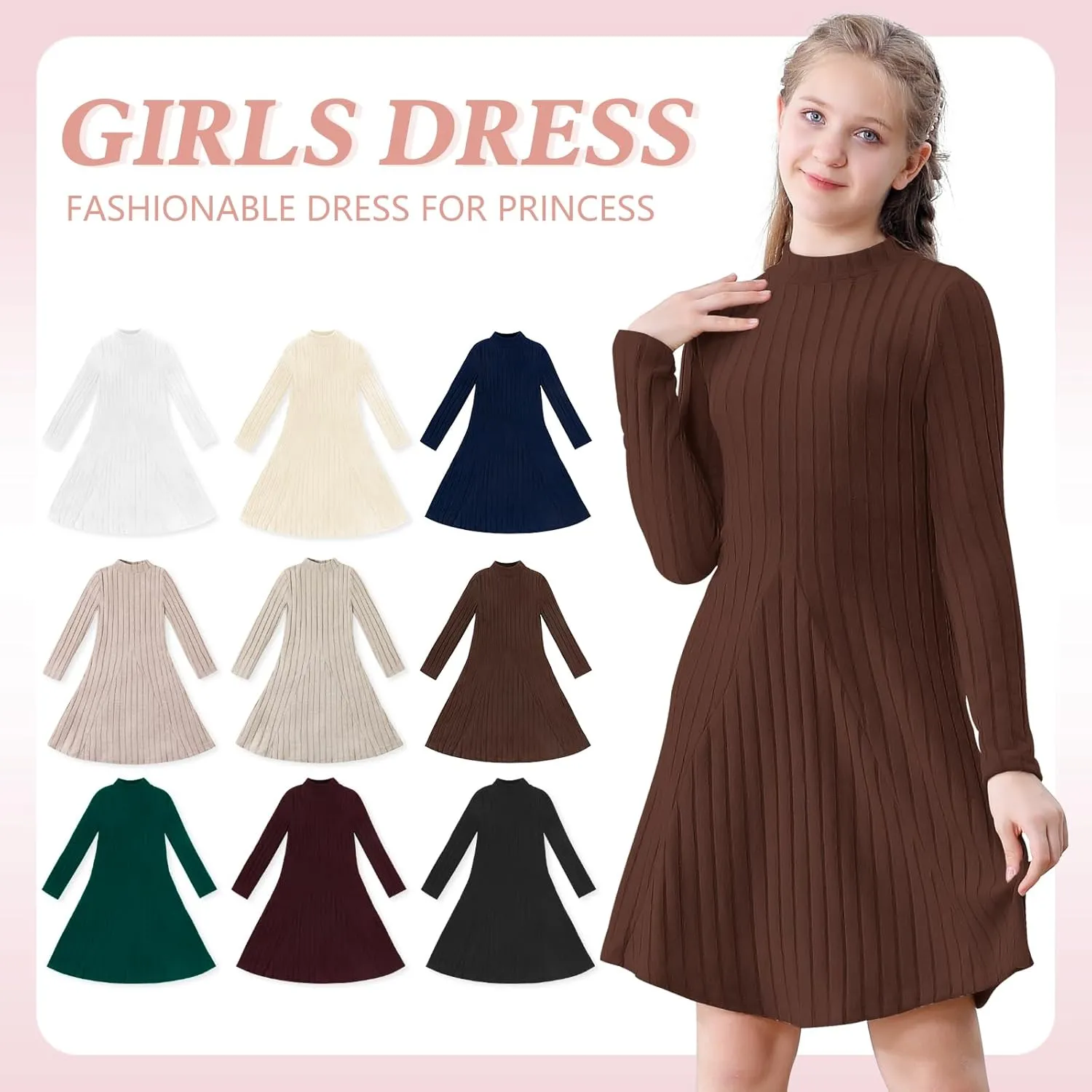 Girls Sweater Dresses Ribbed Mock Neck Long Sleeve Dresses for Girls Knit Causal Little Girl Fall Winter