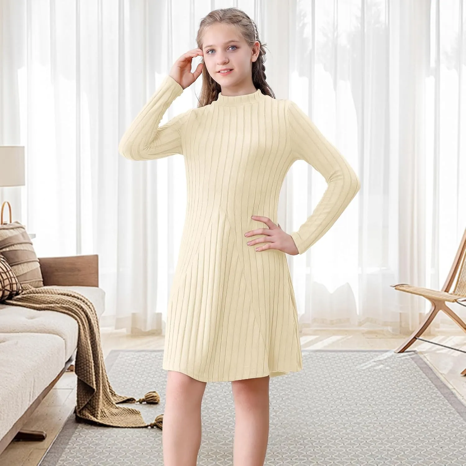 Girls Sweater Dresses Ribbed Mock Neck Long Sleeve Dresses for Girls Knit Causal Little Girl Fall Winter