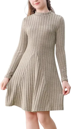 Girls Sweater Dresses Ribbed Mock Neck Long Sleeve Dresses for Girls Knit Causal Little Girl Fall Winter