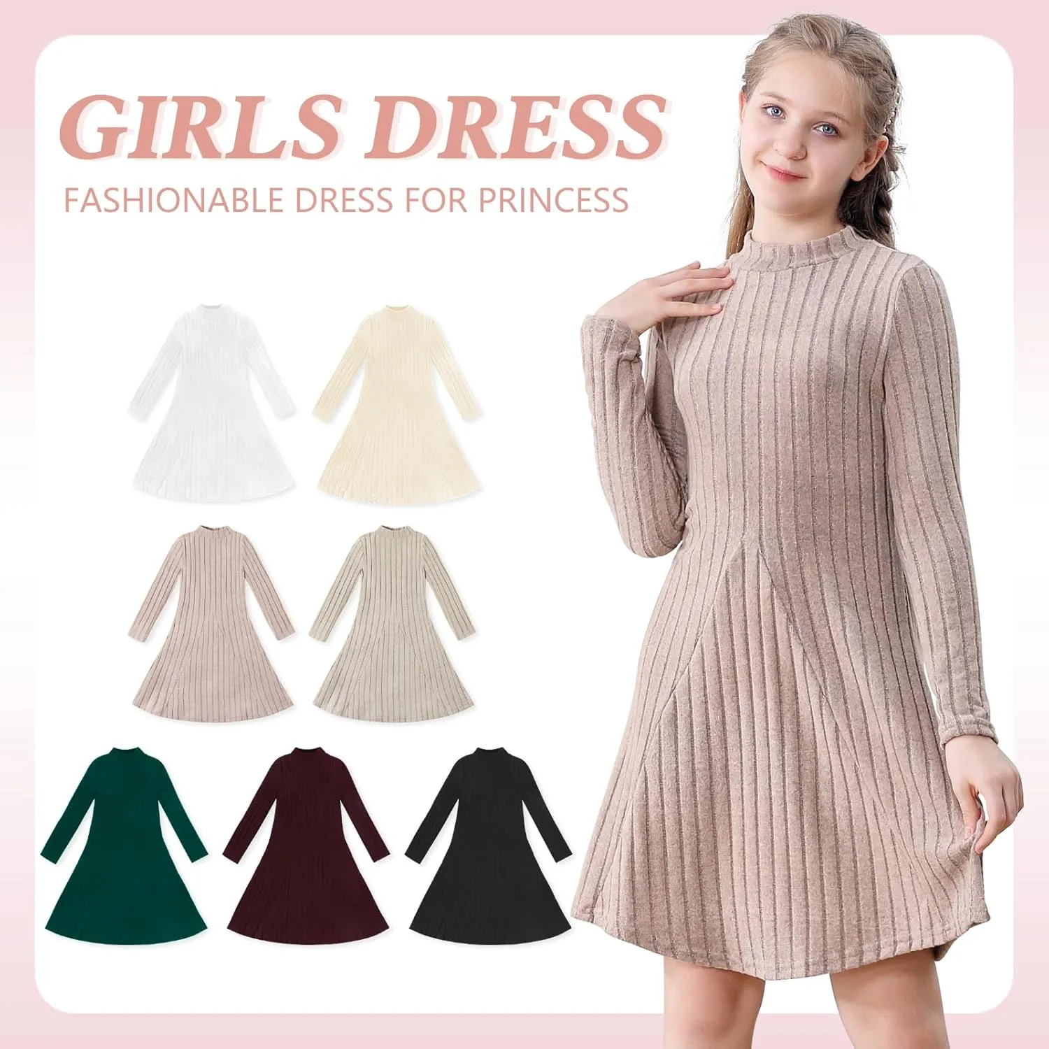 Girls Sweater Dresses Ribbed Mock Neck Long Sleeve Dresses for Girls Knit Causal Little Girl Fall Winter