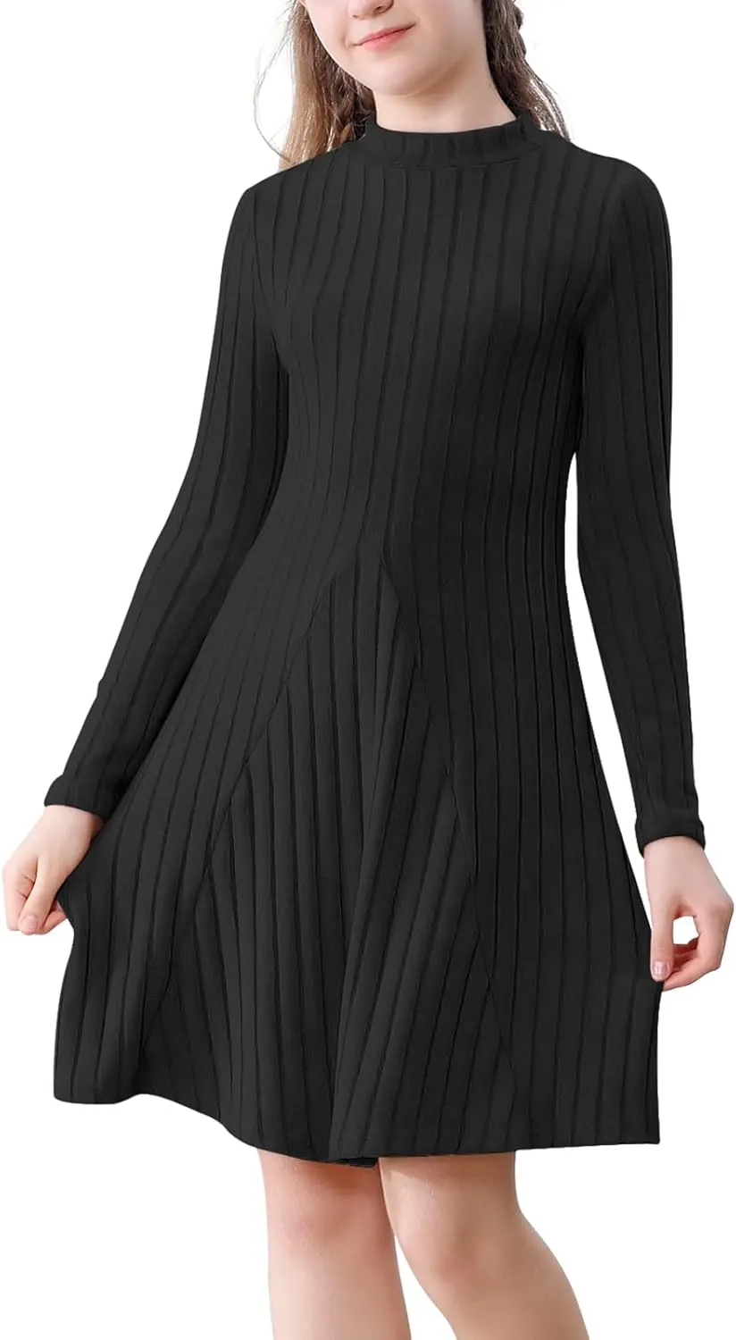 Girls Sweater Dresses Ribbed Mock Neck Long Sleeve Dresses for Girls Knit Causal Little Girl Fall Winter