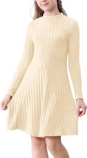 Girls Sweater Dresses Ribbed Mock Neck Long Sleeve Dresses for Girls Knit Causal Little Girl Fall Winter