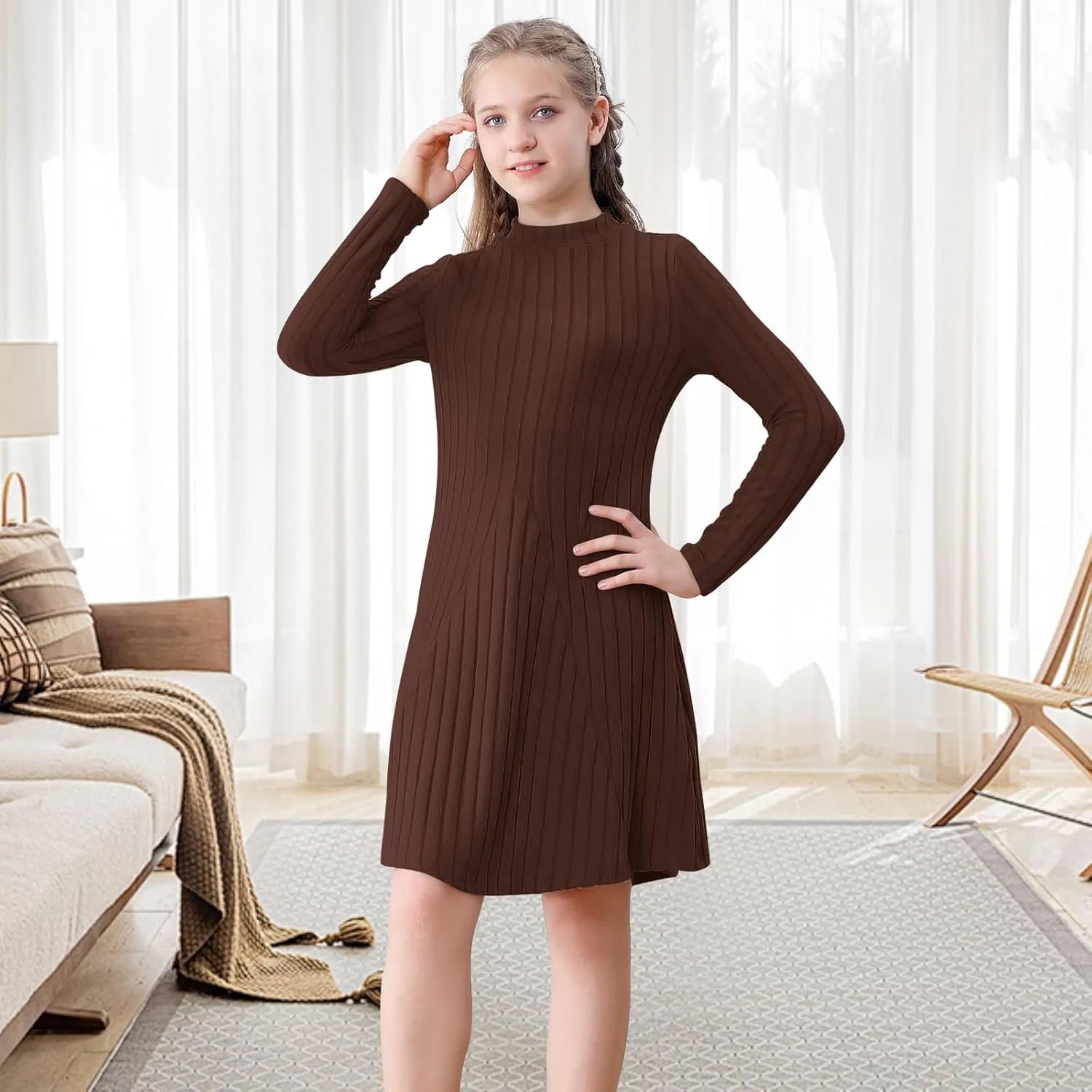 Girls Sweater Dresses Ribbed Mock Neck Long Sleeve Dresses for Girls Knit Causal Little Girl Fall Winter