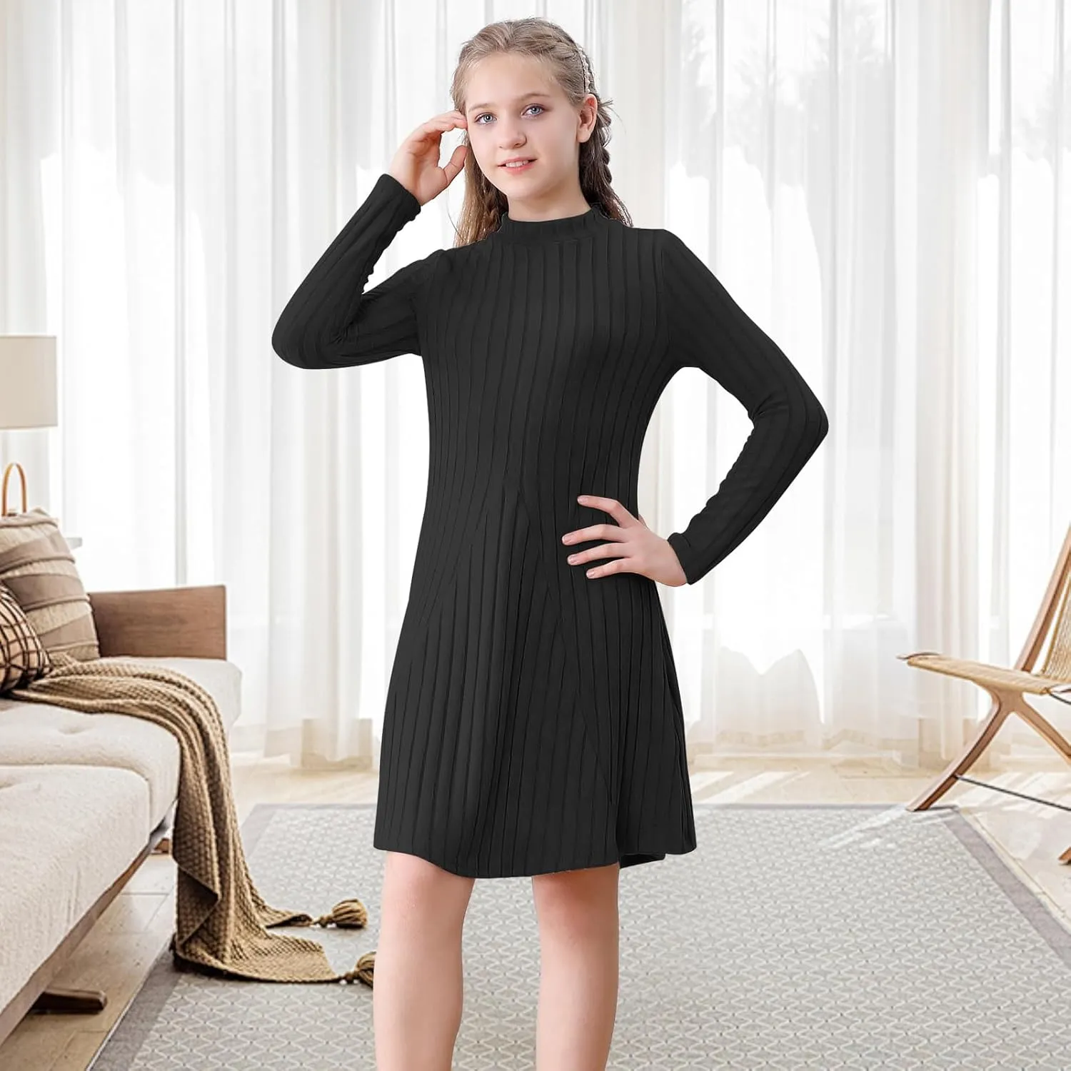 Girls Sweater Dresses Ribbed Mock Neck Long Sleeve Dresses for Girls Knit Causal Little Girl Fall Winter