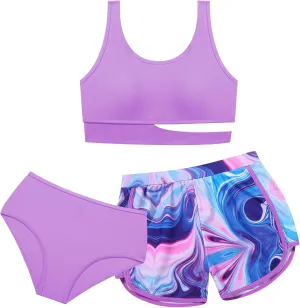 Girls Swimsuit 3 Piece High Waist Sport Bathing Suit Quick Dry Bikini Tankini Sets with Shorts for 7-16