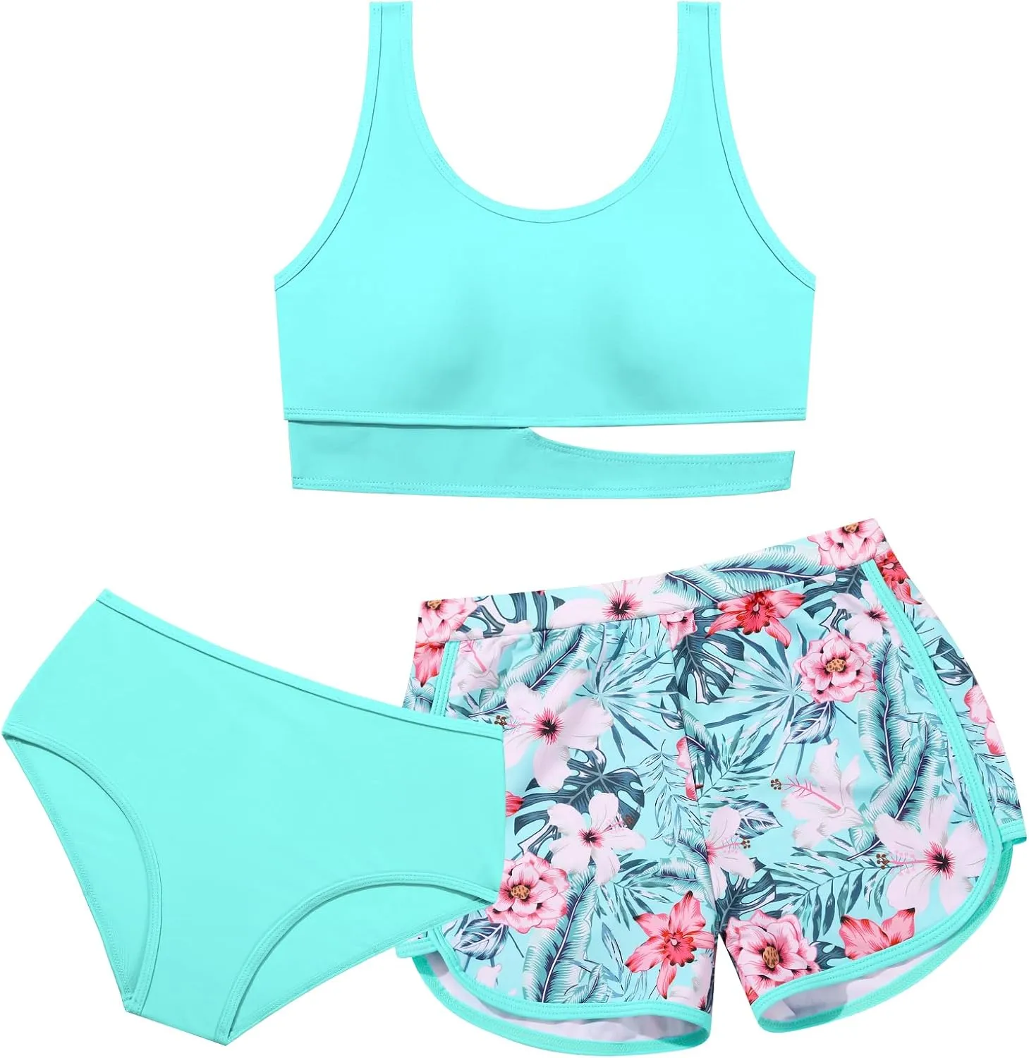 Girls Swimsuit 3 Piece High Waist Sport Bathing Suit Quick Dry Bikini Tankini Sets with Shorts for 7-16