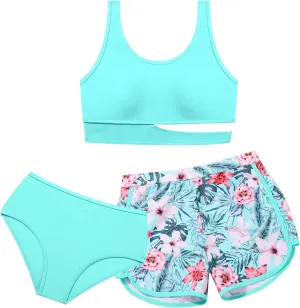 Girls Swimsuit 3 Piece High Waist Sport Bathing Suit Quick Dry Bikini Tankini Sets with Shorts for 7-16