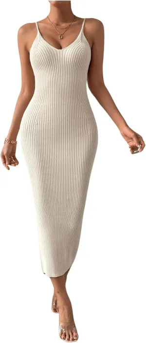 GORGLITTER Women's Ribbed Knit Sweater Dress Backless V Neck Sleeveless Bodycon Midi Dresses