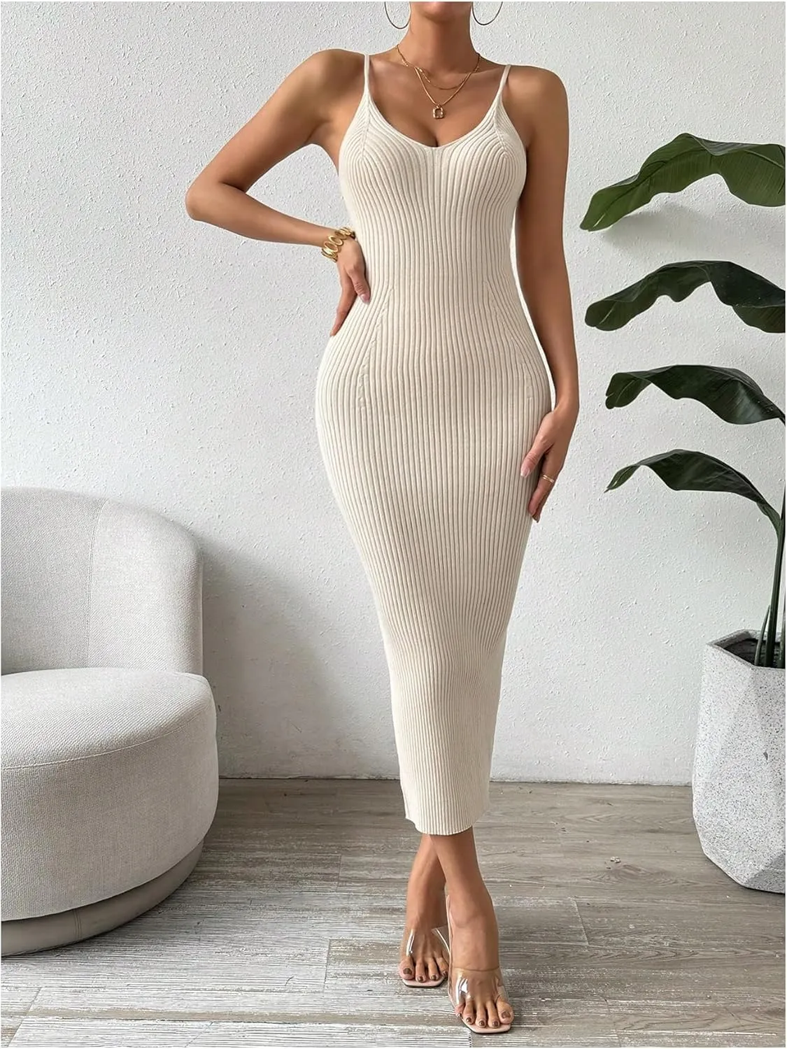 GORGLITTER Women's Ribbed Knit Sweater Dress Backless V Neck Sleeveless Bodycon Midi Dresses