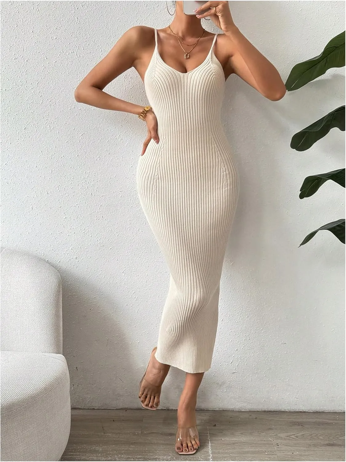 GORGLITTER Women's Ribbed Knit Sweater Dress Backless V Neck Sleeveless Bodycon Midi Dresses