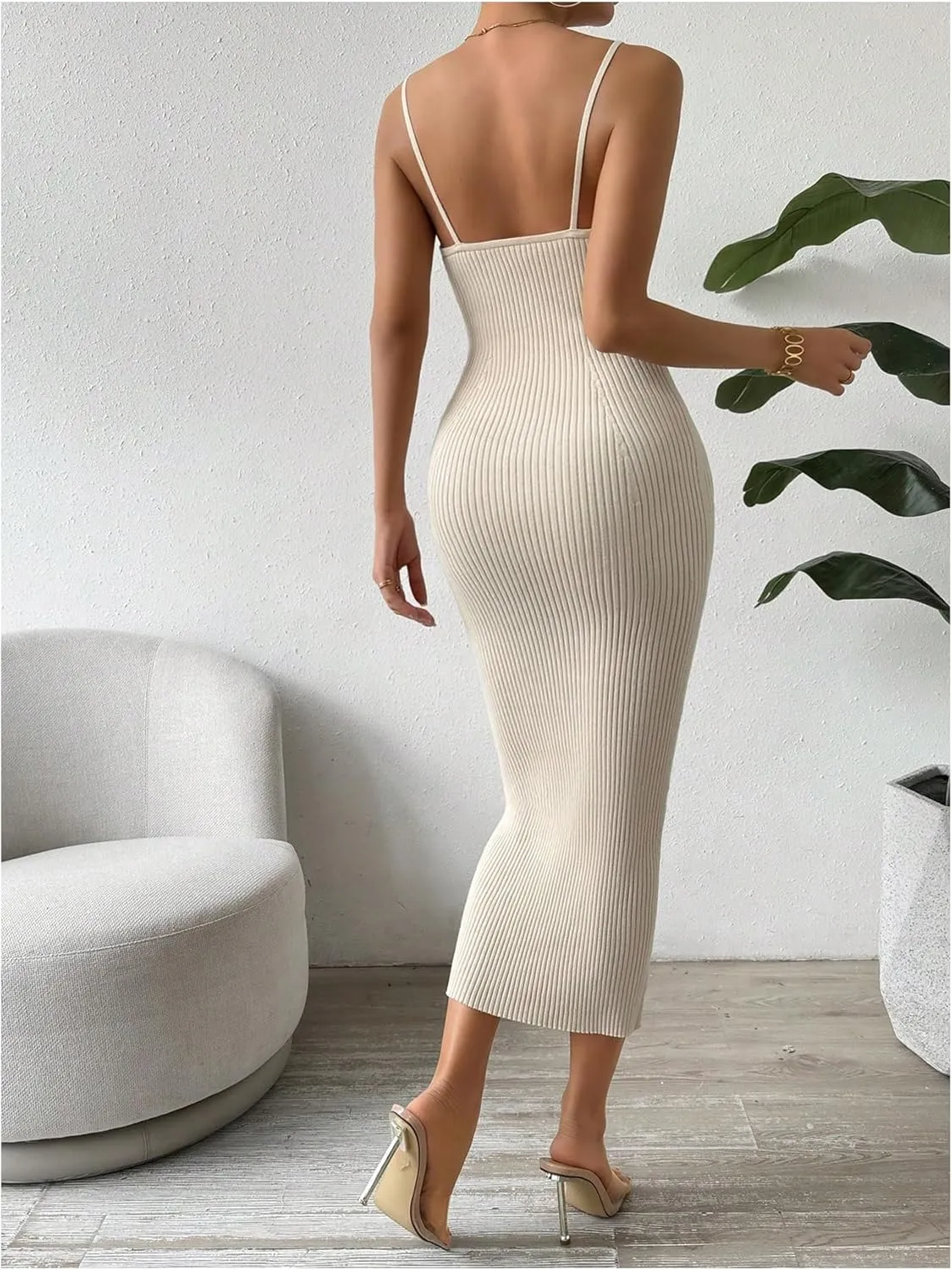 GORGLITTER Women's Ribbed Knit Sweater Dress Backless V Neck Sleeveless Bodycon Midi Dresses