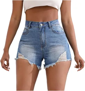 High Waisted Curvy Jeans Shorts For Women Frayed Raw Hem Distressed Ripped Hot Shorts Trendy Pull On Denim Shorts