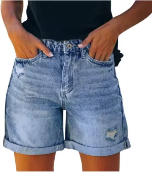 High Waisted Denim Shorts for Women Ripped Distressed Stretchy Casual Jeans Shorts Vintage Raw Hem Summer Hot Shorts Pockets