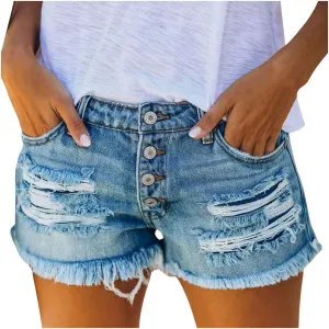 High Waisted Denim Shorts for Women Ripped Distressed Stretchy Casual Jeans Shorts Vintage Raw Hem Summer Hot Shorts Pockets